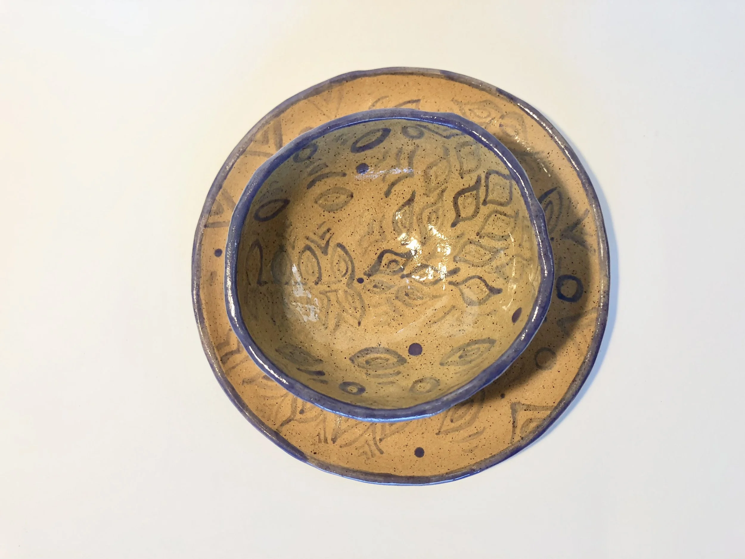 Hand Painted Plate and Pinch Pot Bowl: Faded Lavender