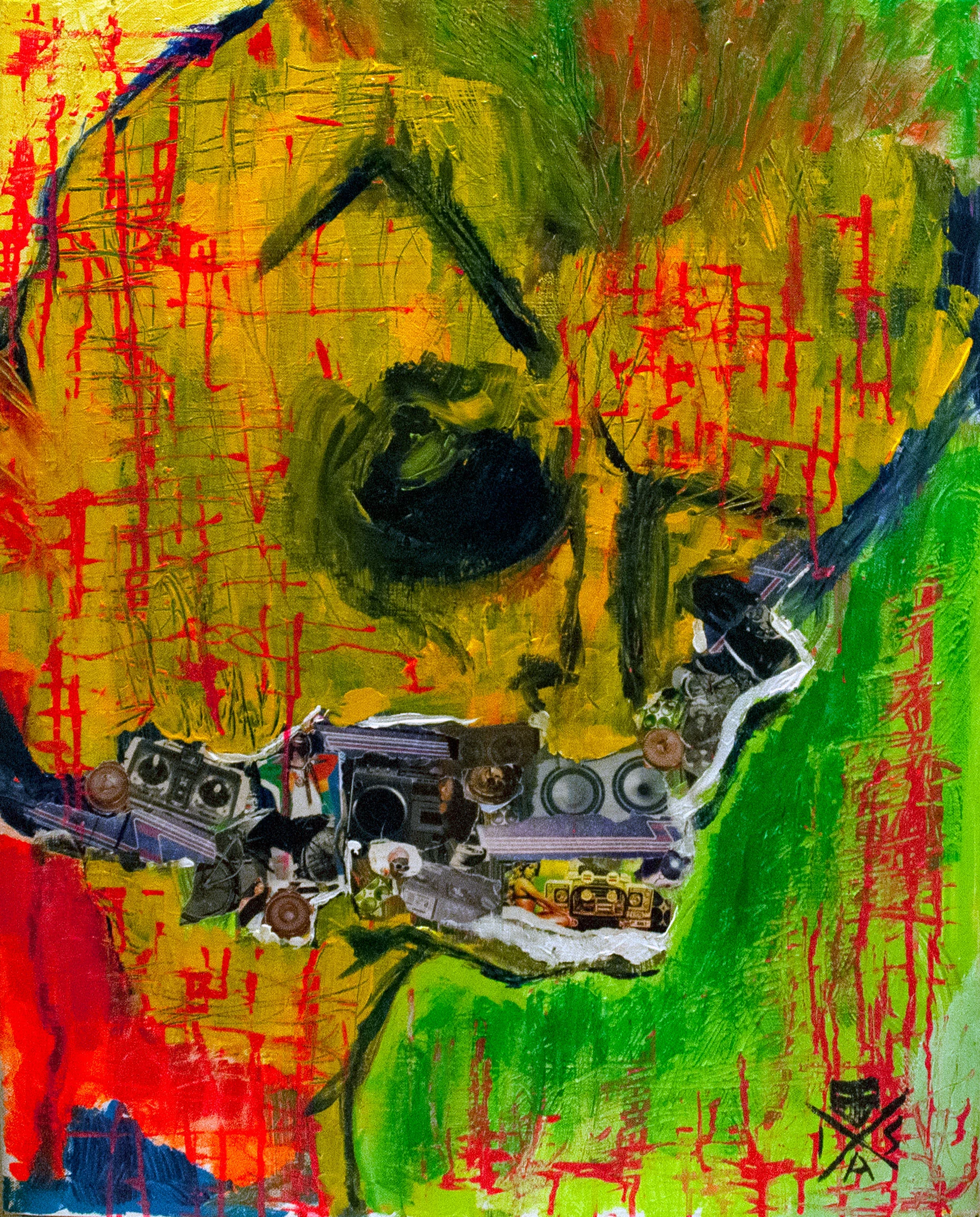 Eze Skull. 2019. Mixed media. Acrylic and magazine collage on canvas. 24” x 30”. $250