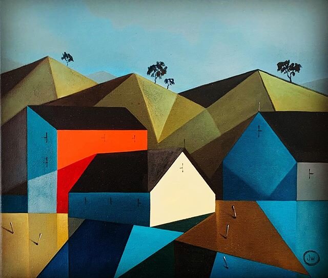 Cubist Light 30 x 40 cm Oil on linen #painting #art #gallery #ritaangus #inspiration #charlestole #light #clouds #building #farm #nz #sky #dimensions #colour #cubist #cubism