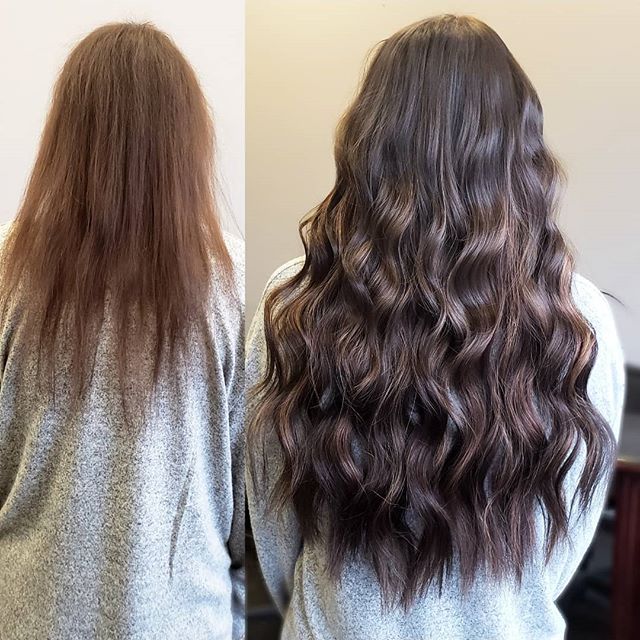 .
.
Two rows  of NBR extensions with dimensional brunette! .
My beautiful guest has naturally fine hair.  She wanted to add volume and length.
.
Her natural hair would never grow as long and thick way she wanted. .
Best part about NBR extension is th