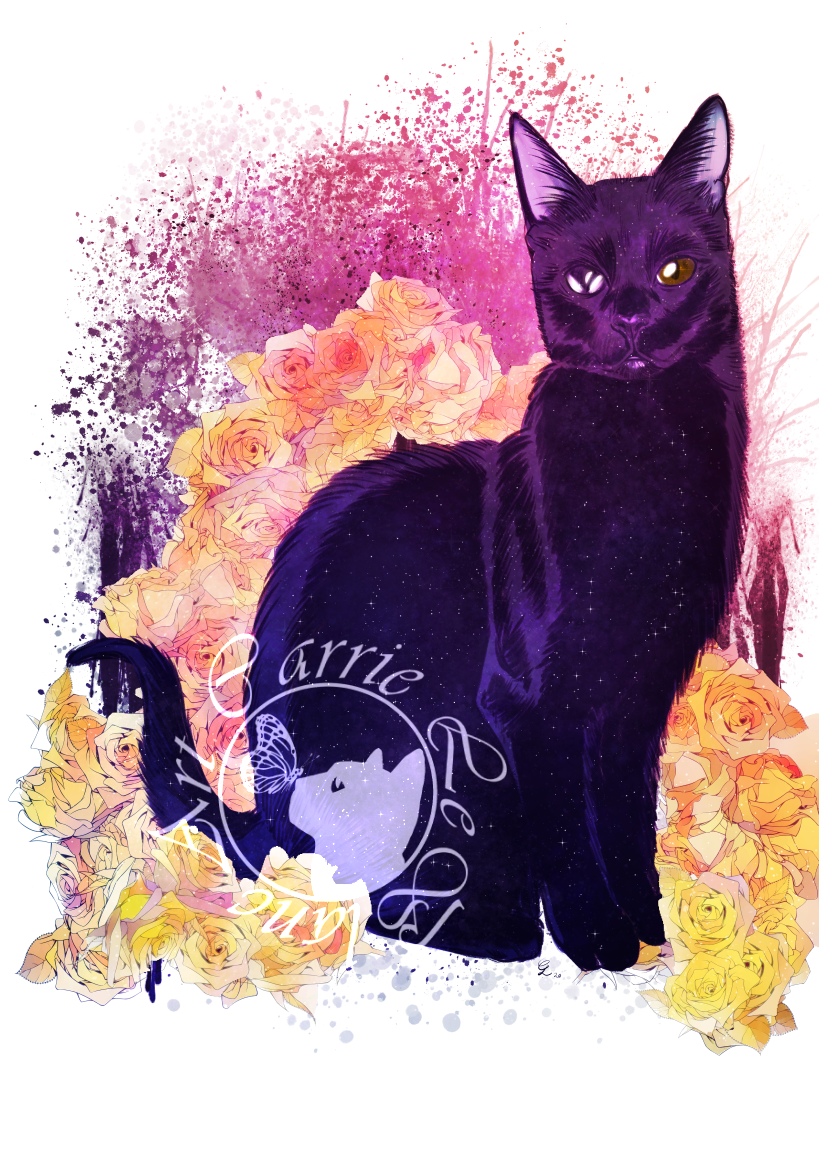 Cat Sketch Print - Black Space Cat with Yellow Roses.png