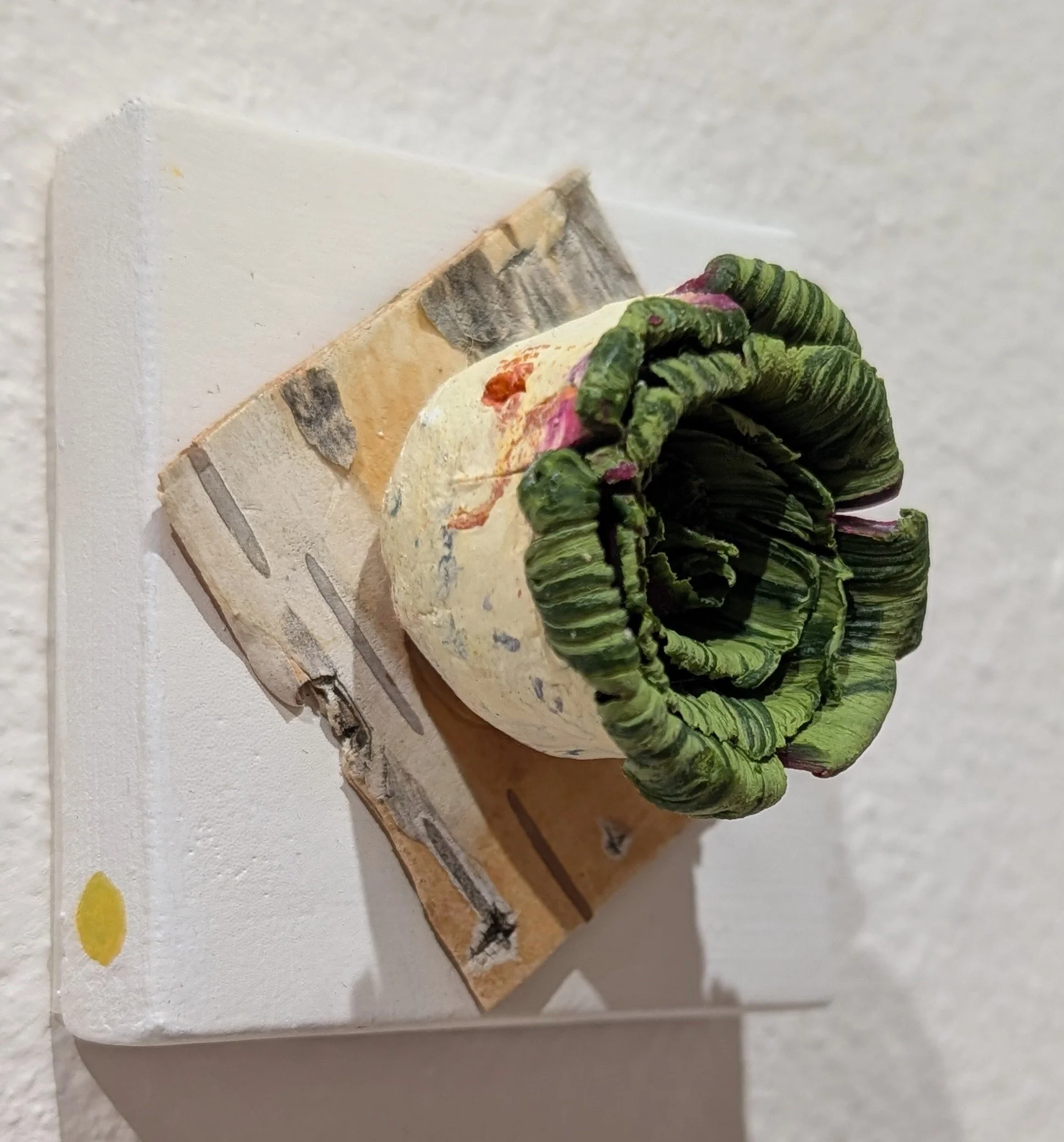   Green Rose on Bark  Cold wax on canvas 2" x 2"  $35  Available 