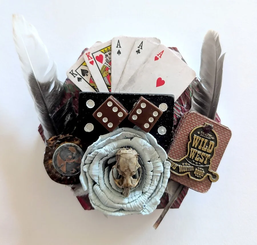   Tourists’ Version   Cold wax on canvas with animal skull, worn coin, and found items 6" x 6” $100  Available 