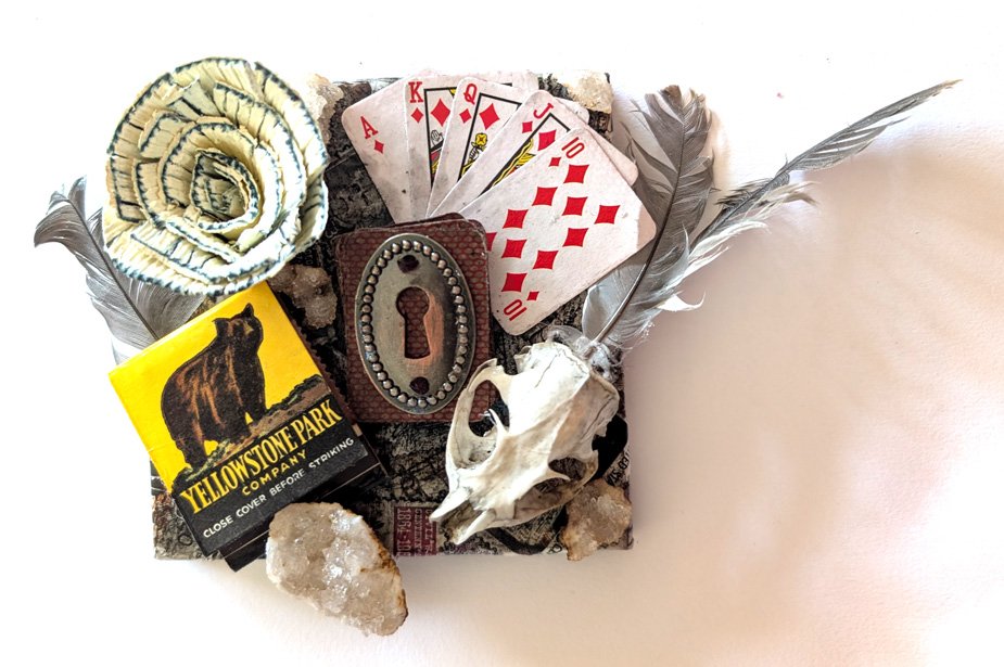   Tourists’ Version II  Cold wax on canvas with skull, vintage matches, georde and found objects 4” x 4"  $100  Available 