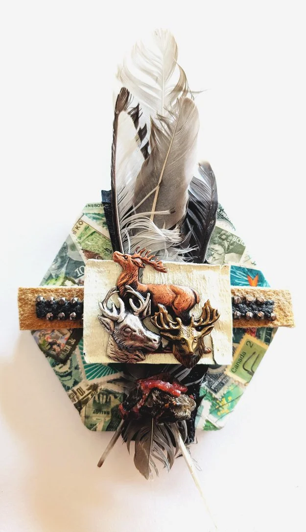   Tourists’ Version III  Cold wax on canvas with tanned deer hide, vintage pin, and found objects 6" x 6” $100  Available 