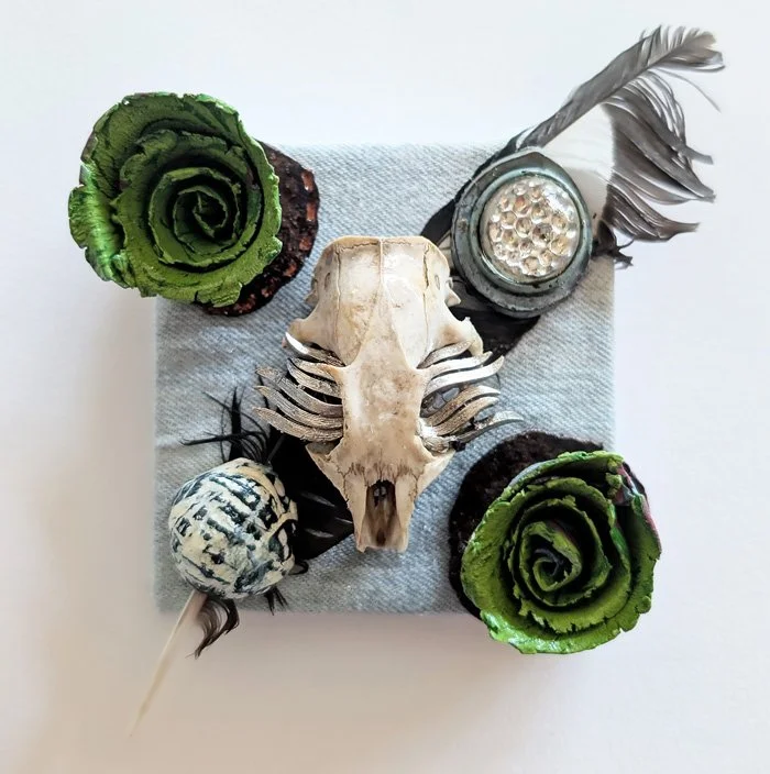   Montana Wannabe Occult  Cold wax on canvas with animal skull, denim, and found items 4" x 4” $65  Available 