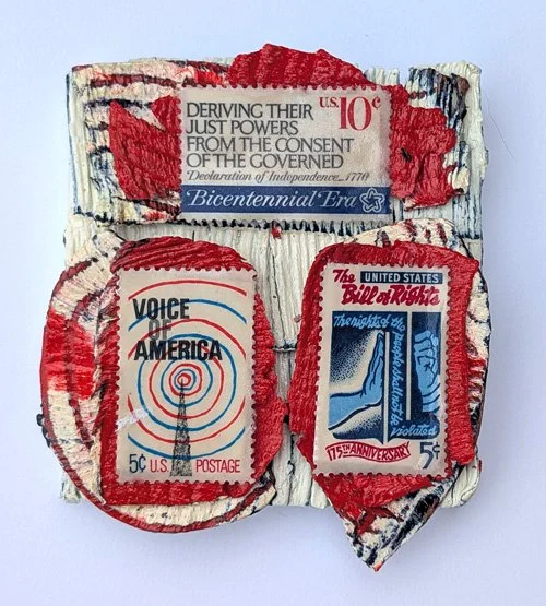   Just a 250 Reminder  Cold wax on canvas with vintage stamps 4" x 4"  $40  Available 