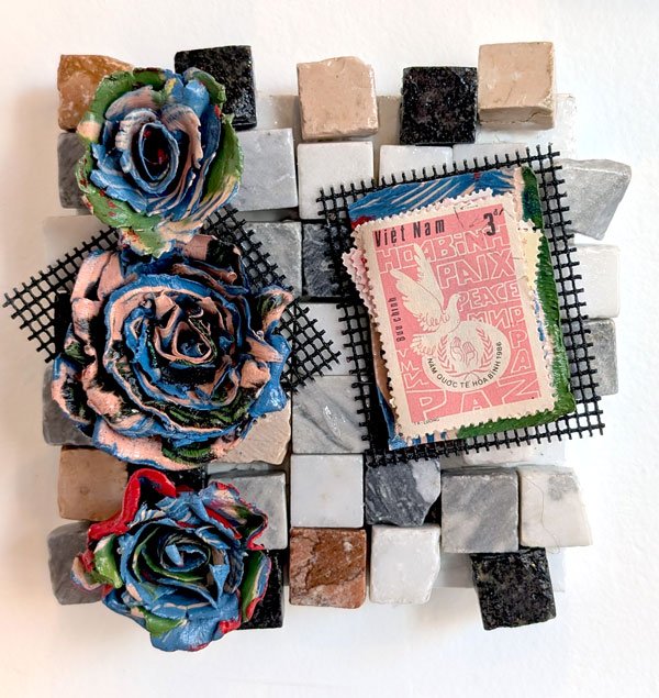   Vintage Paz  Cold wax on canvas with vintage stamps, recovered mosaic tiles, and sand paper 6" x 6" $150  Available 