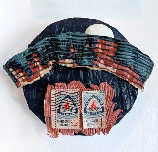   Campfire Girls I  Cold Wax on canvas with vintage stamps 6” diameter   Sold 