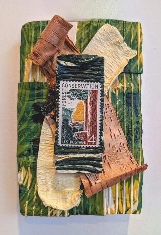   Conservation I  Cold wax on panel with vintage stamps and tree bark  4" x 6"  $100  Available 