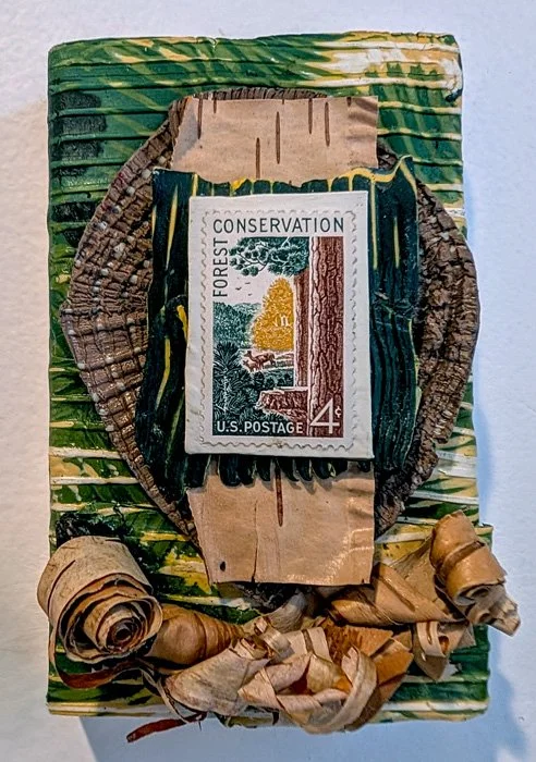   Conservation II  Cold wax on panel with vintage stamps and tree bark  4" x 6"  $100  Available 