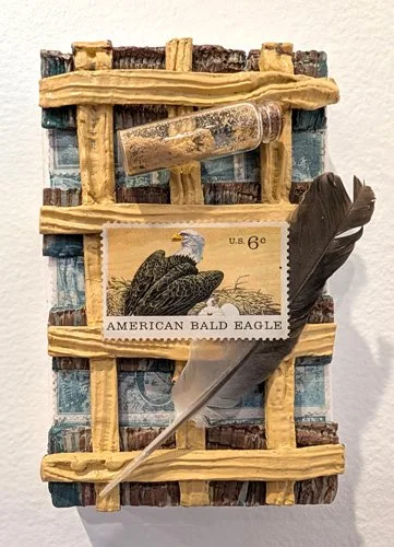   American Eagle   Cold wax on panel with vintage stamps, bottled pollen, and feather 4" x 6"   Sold 