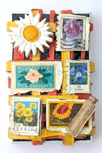   Botanical I  Cold wax on panel with vintage stamps, pollen, and found objects 4" x 6"  $125  Available 