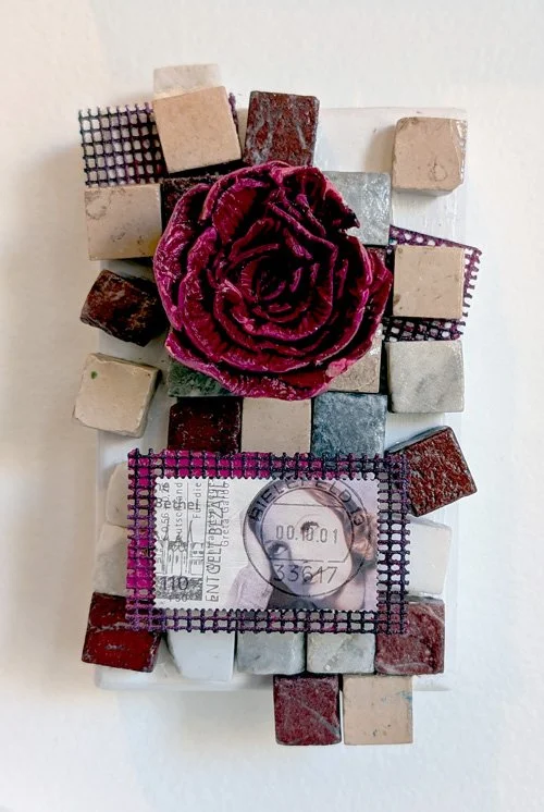   Greta Garbo  Cold wax on canvas with vintage stamps, recovered mosaic tiles, and sandpaper 5" x 7" $150  Available 