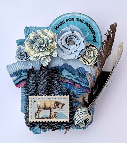   Made for the Mountains  Cold wax on panel with vintage stamps, pinecones, and found objects 5" x7"  $150  Available 