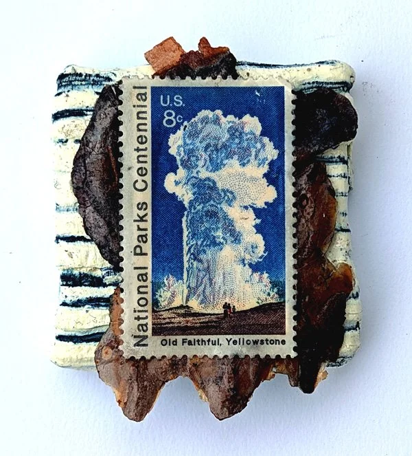   Old Faithful Pinkie   Cold wax on canvas with vintage stamp and bark 2" x 2”  $25  Available 