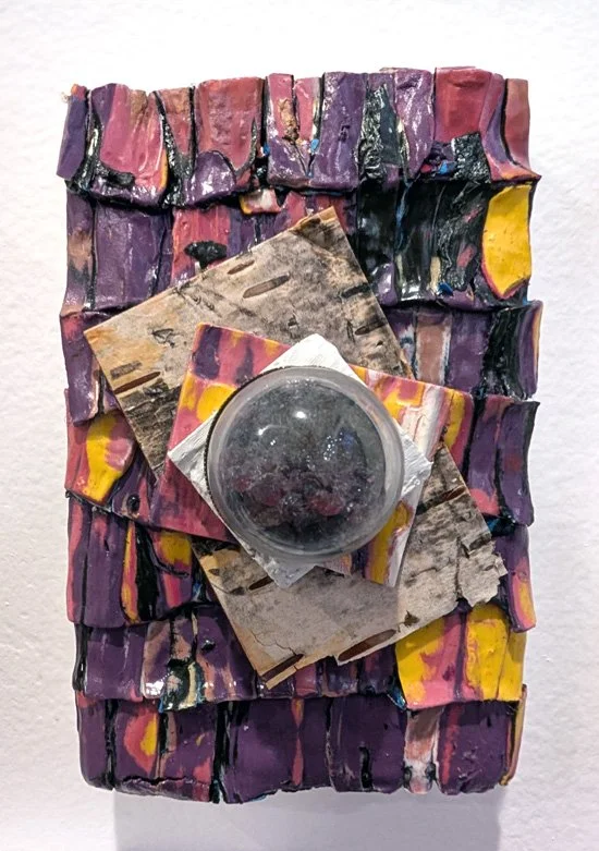   Ruby Shingles   Cold wax on panel with local garnets, bark, and charm 4" x 6"  $120  Available 