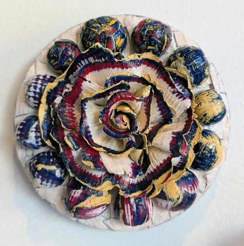   Primary Merry-Go-Round  Cold Wax on canvas 6” diameter $150  Available 