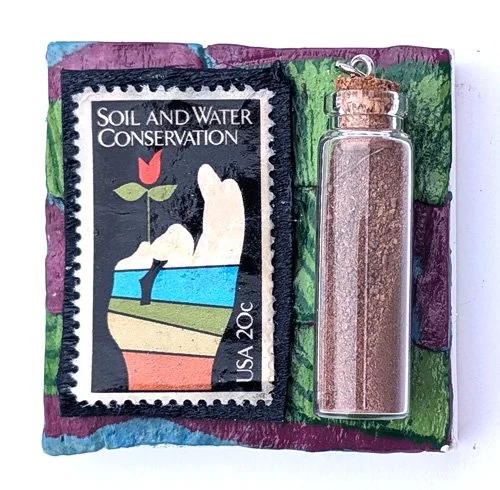   Soil and Conservation Pinkie  Cold wax on canvas with vintage stamp and local soil  2" x 2"  $35  Available 