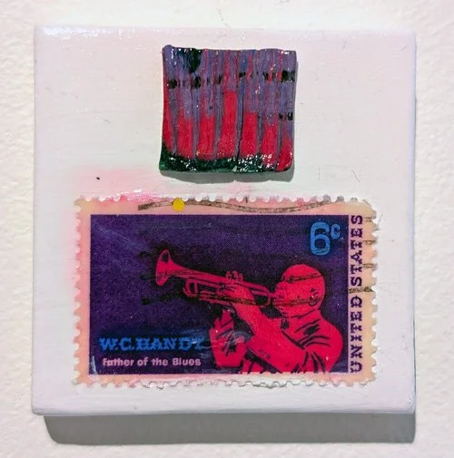   Trumpet Player  Cold wax on canvas with vintage stamp 2" x 2"   Sold 