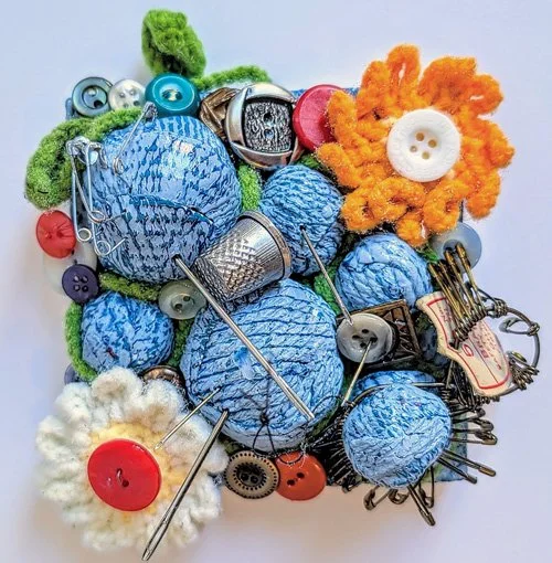   Knitted  Cold wax on canvas with vintage buttons and found objects 6" x 6" $150  Available 
