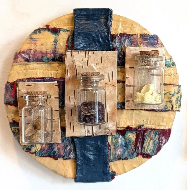   Montana Rockhounder  Cold Wax on canvas with locally-sourced crystals, garnets, sulfur, and bark 6” diameter $150  Available 