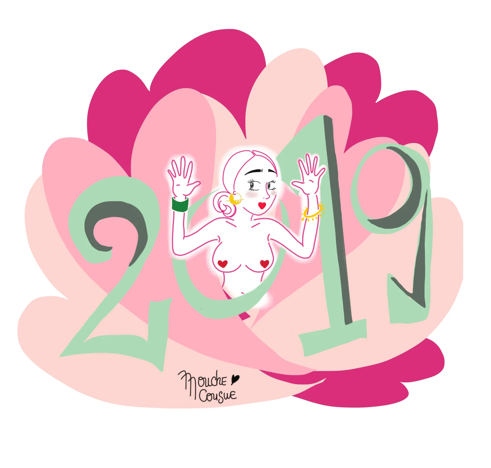 Illustration mouche cousue - bonne année 2019