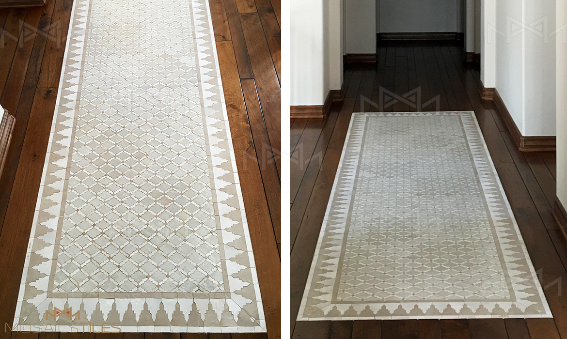 Moroccan mosaic tiles combined with wood floors. This has been realised with white and igloo zelliges