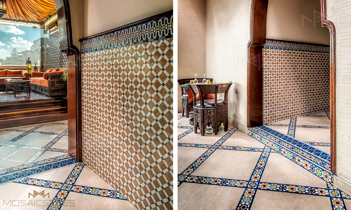Zellige wall and floors with colorful moroccan tiles borders