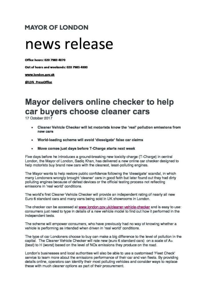 Mayor delivers online checker to help car buyers choose less polluting