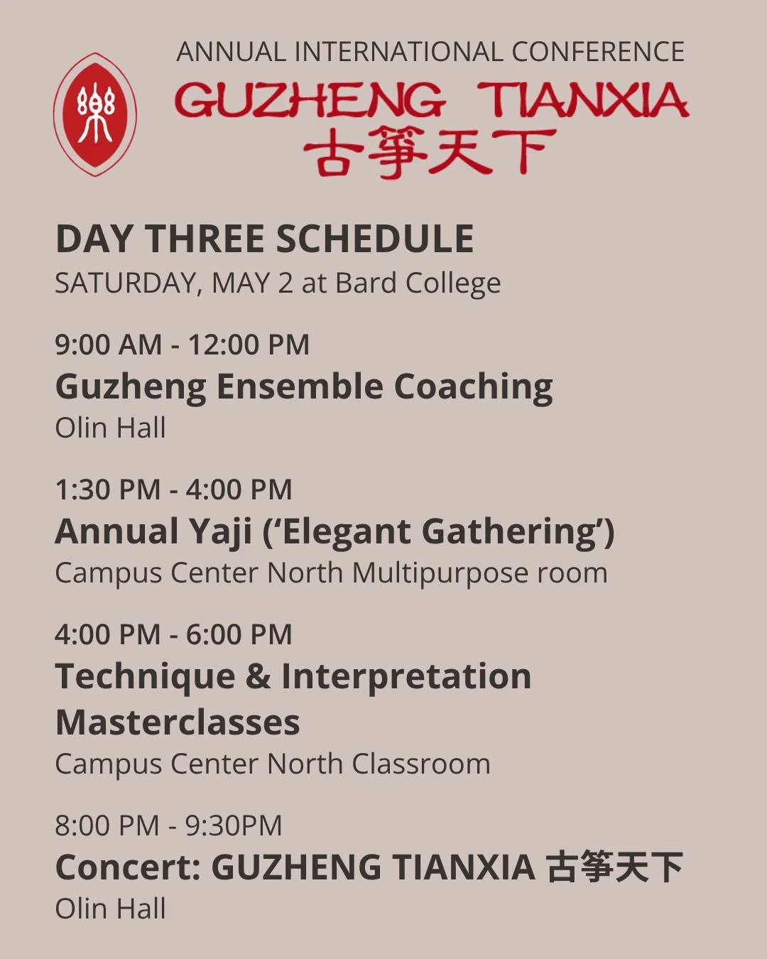 Day Three of the 8th Annual US-China Music Institute Conference: Join us for the final day of the conference, featuring a grand finale concert with dozens of guzheng players from the Toronto Guzheng Ensemble (Lina Cao, artistic director), Vancouver G