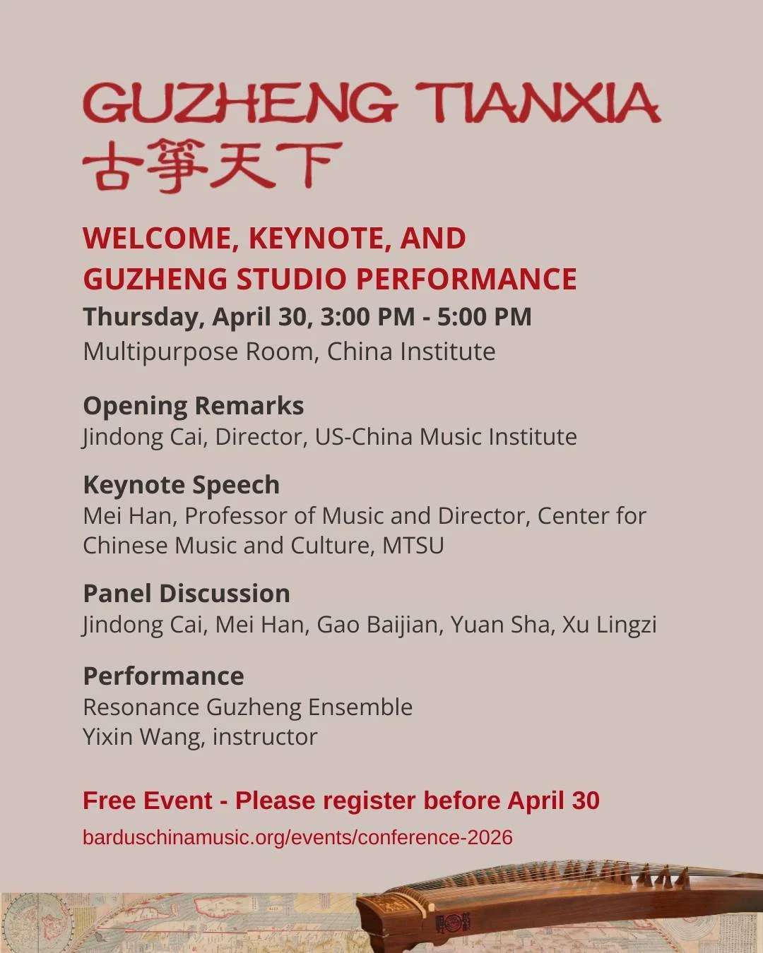 GUZHENG TIANXIA 古筝天下 🎶 | Opening Day in NYC

Join us on April 30 for the opening of the US-China Music Institute&rsquo;s 8th Annual Conference, spotlighting the global voice of the guzheng.

📍 China Institute, NYC

🕒 Afternoon Session (3:00&ndash;