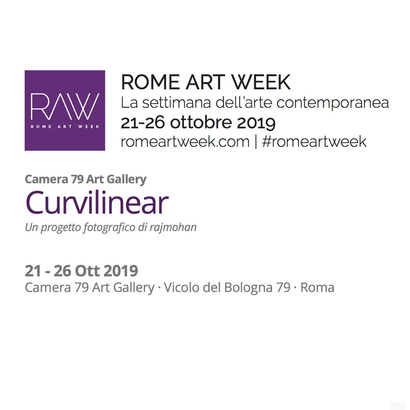 Solo photographic exhibition, Rome Art Week, Camera 79 Art Gallery, Rome, Italy