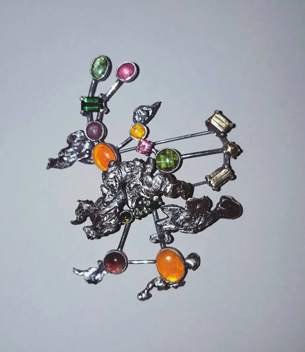 “Orion Lapel Pin ” 18k gold, sterling silver, tourmaline