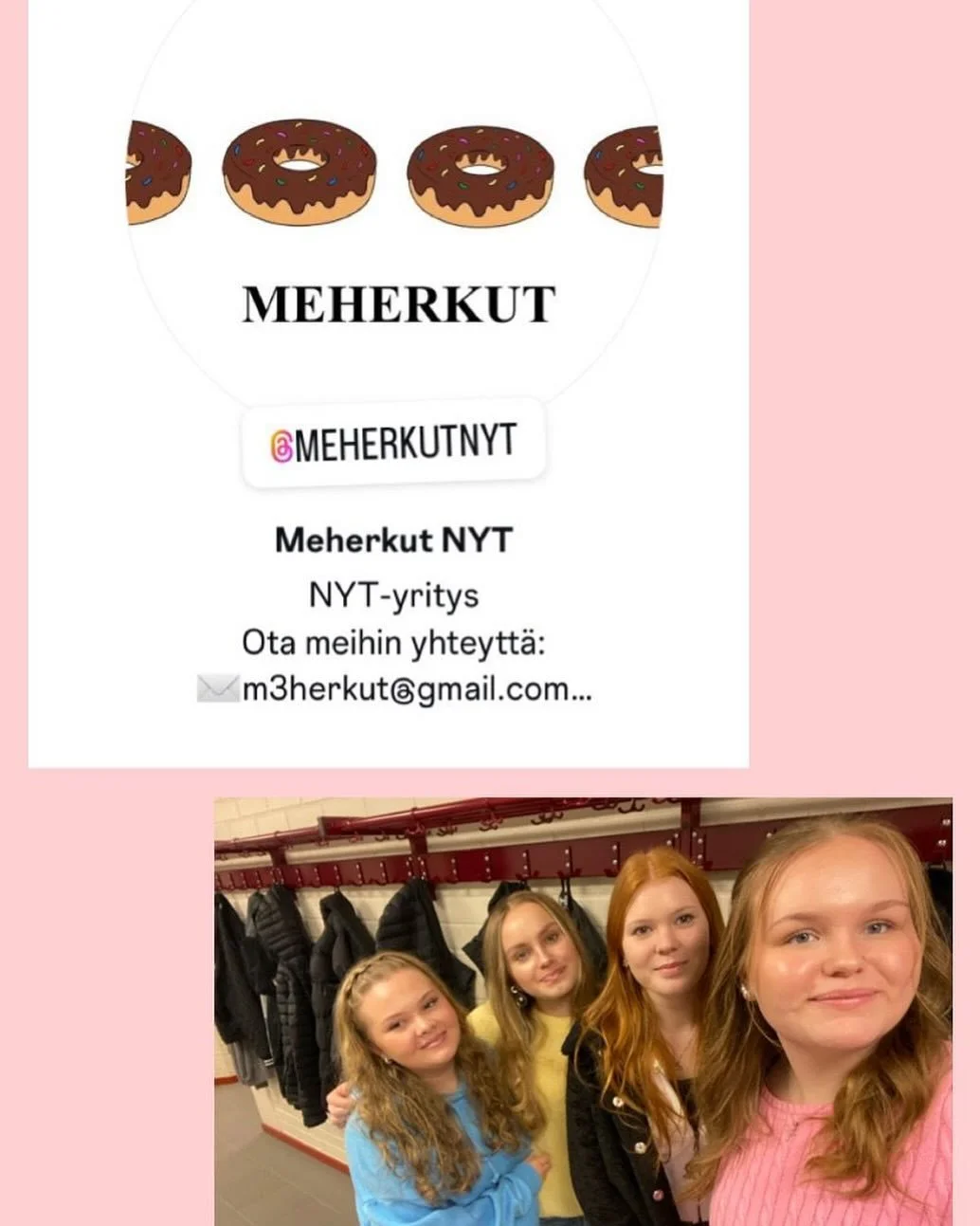 Nolun NYT-yritys Meherkut esitt&auml;ytyy. 🍩🧁🍩🧁🍩🧁🍩Seuraa heit&auml; @meherkutnyt &rdquo;Meilt&auml; voit tilata pikkusuolaisia sek&auml; leivonnaisia juhliin, illanistujaisiin tai mihin ikin&auml;🧁
Meihin saat yhteyden s&auml;hk&ouml;postitse