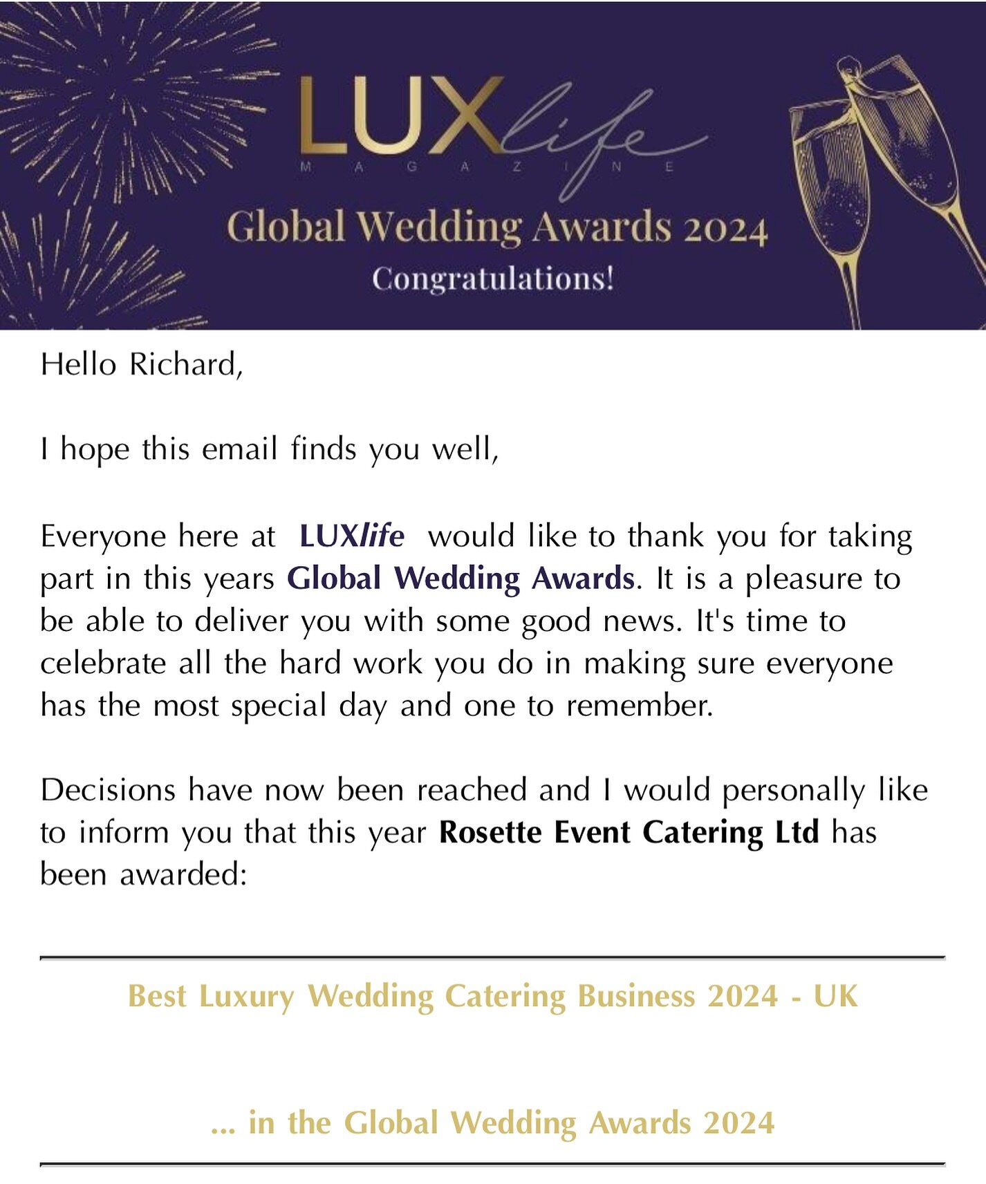 ⚡️ Truly amazing achievement!⚡️for the 2nd consecutive year Rosettes has won this prestigious Luxury Global wedding award! 🍾🏆🍾 To be voted the best luxury wedding catering business in the UK - Wow! 🤩 I must thank our amazing couples, the outstand