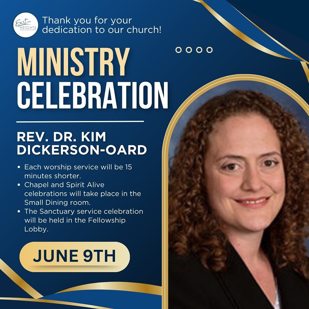On Sunday, June 9, we will be celebrating Pastor Kim Dickerson-Oard&rsquo;s twelve-year ministry at East Heights and wishing her success in her new ministry in Derby. 
All members of the congregation are invited to participate in this farewell in the