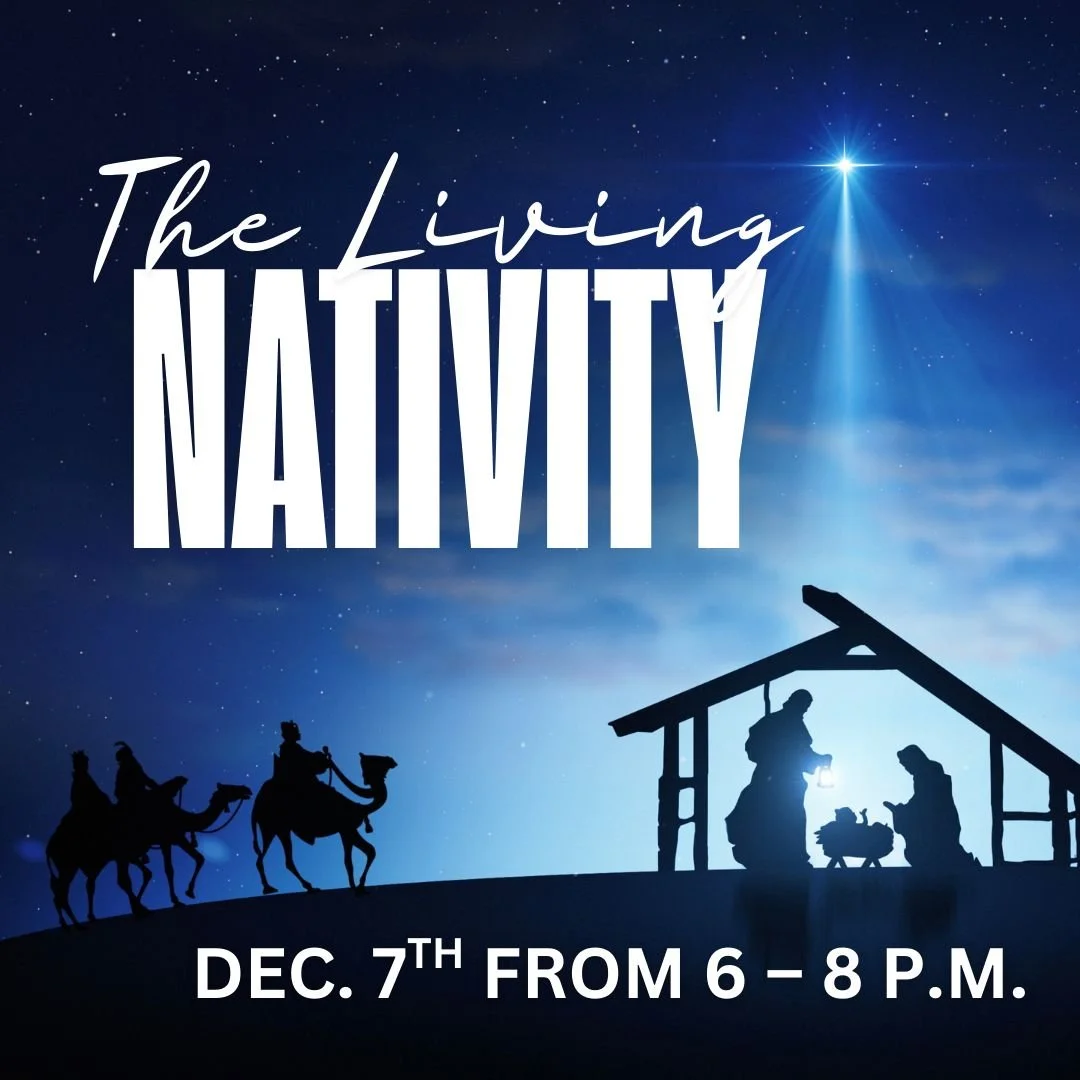 Our drive-thru Living Nativity complete with live animals, Christmas carols, hot chocolate and cookies will be from 6 p.m. &ndash; 8 p.m. on Sunday, December 7th. Join the youth as they share the Nativity Story along the east driveway of the church.