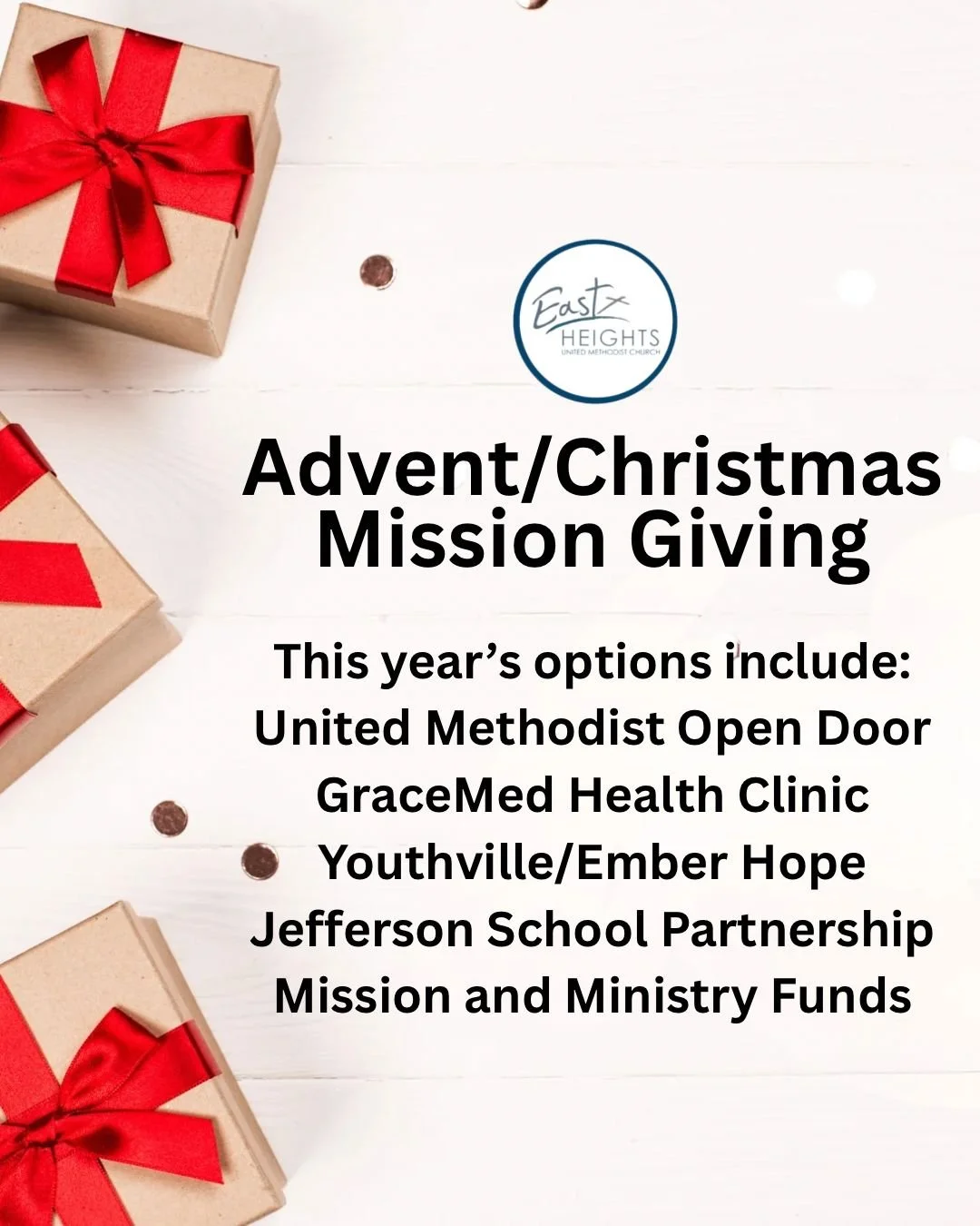 Each year, our congregation is asked to financially support one of the following mission opportunities during the season of Advent and Christmas. This years options include, United Methodist Open Door, GraceMed Health Clinic, Youthville/Ember Hope, J