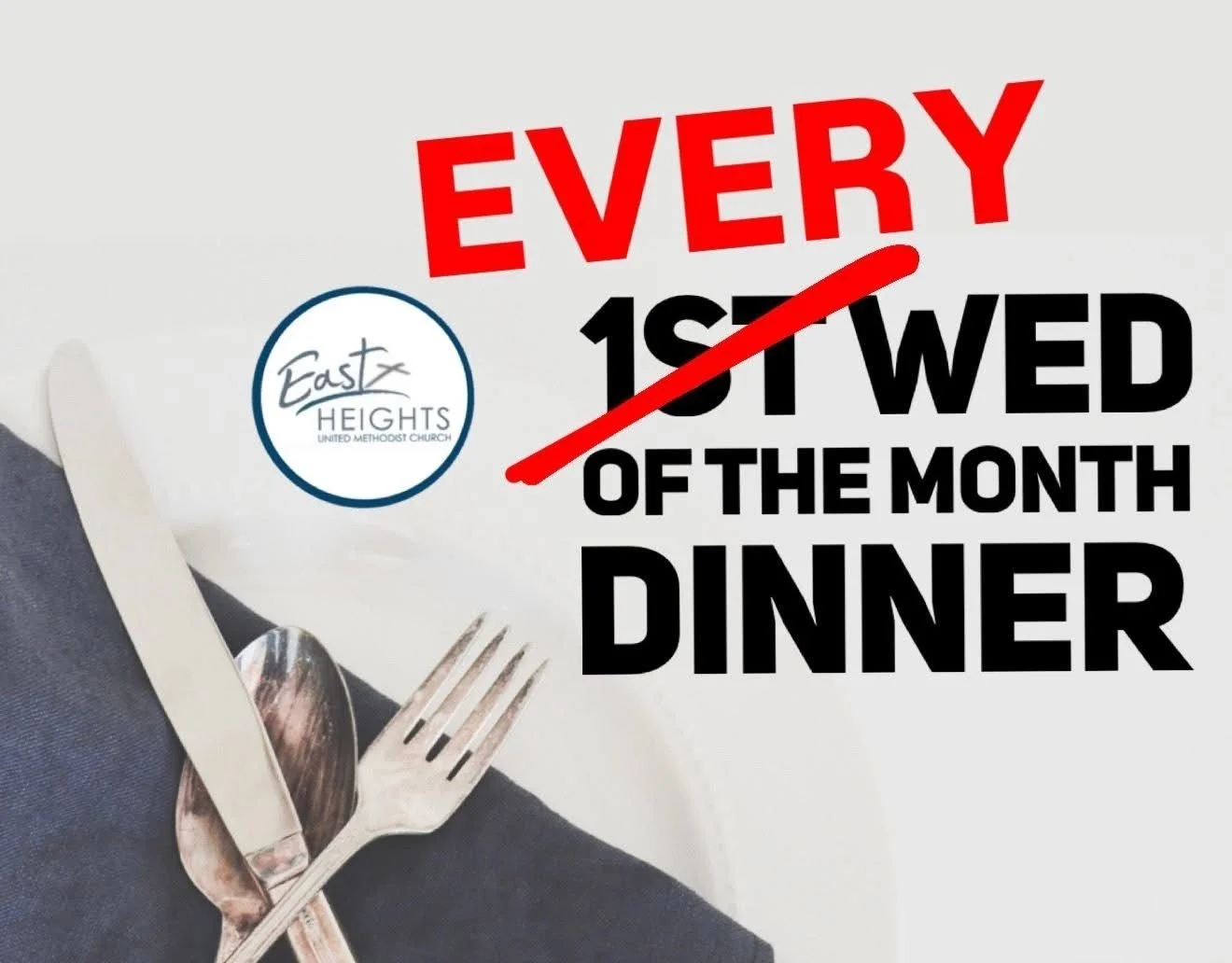 Join us for dinner!  East Heights UMC community meal is every Wednesday, running from 5:15 p.m. to 6:45 p.m., and volunteers are needed for cooking, setup, cleanup, serving, and leading activities. Please contact sa11sg76@gmail.com to help.  #ehumc