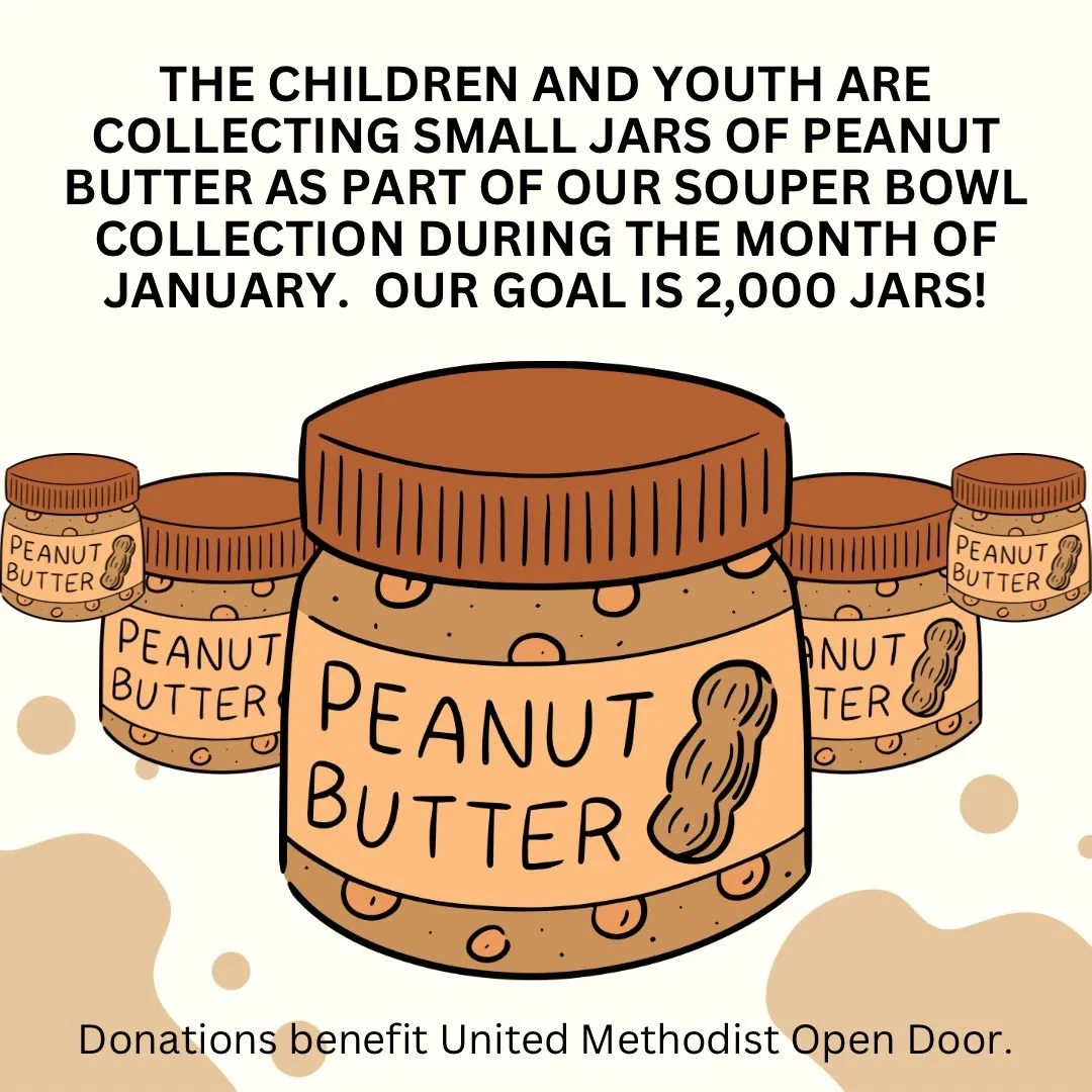 Our children &amp; youth are collecting small jars of peanut butter all January to support United Methodist Open Door.  Goal: 2,000 jars!

Drop off donations outside the Program Office or near Hedrick Hall. Prefer to give online? Visit EHUMC.org
#ehu