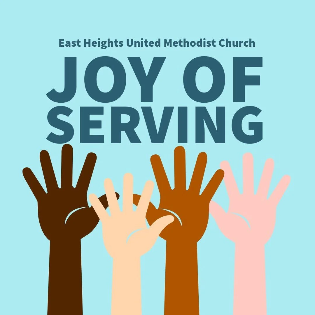 SAVE THESE DATES for THE JOY OF SERVING 2026!

Wed, March 25 - 10:15 a.m. until 12:00 p.m. - KANSAS FOOD BANK

SAT, MARCH 28 - JEFFERSON ELEMENTARY SCHOOL Landscaping workday - 9:00 a.m. until 12:00 p.m.
#ehumc