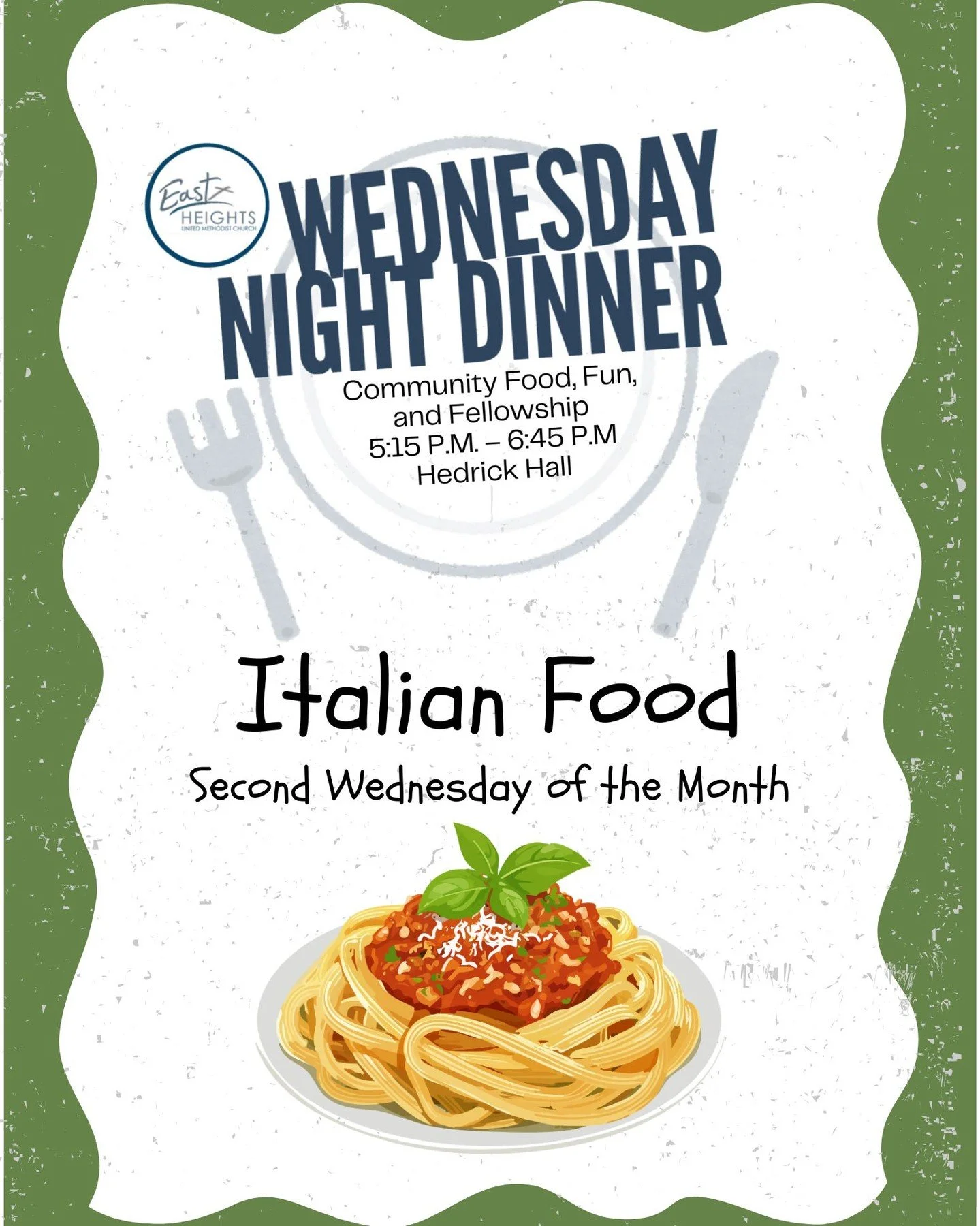 The Wednesday meal in Hedrick Hall for March 11th will be Italian.  HEDRICK HALL 5:15 p.m. &ndash; 6:45 p.m.!! Looking ahead March 18th is spring break week, and there will NOT be a meal. If you would like to join the Wednesday evening volunteer team