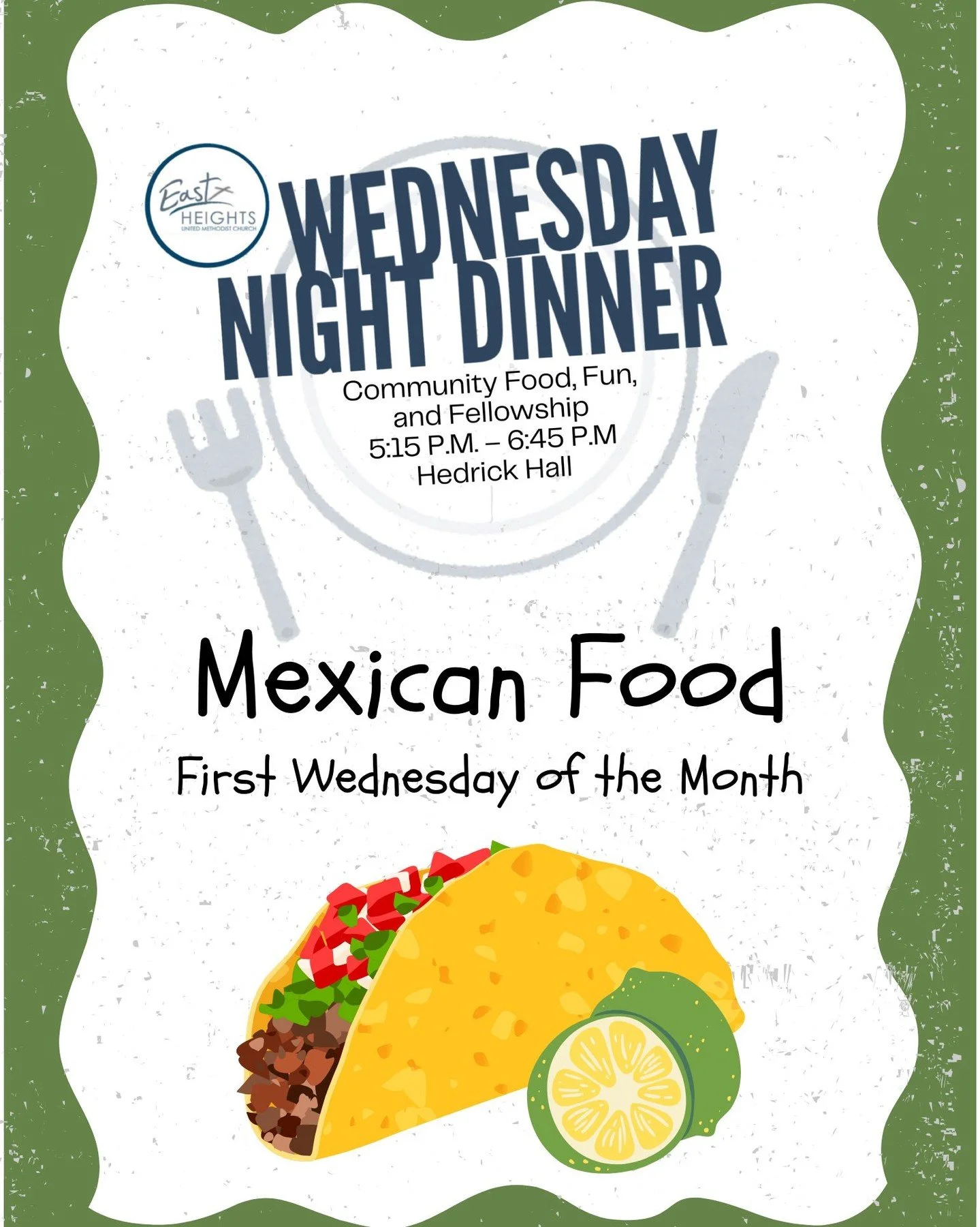 The Wednesday meal in Hedrick Hall is Mexican Fiesta with dessert.  5:15 p.m. &ndash; 6:45 p.m.!!! If you would like to join the Wednesday evening volunteer team, please contact Sally Goodson at sa11sg76@gmail.com 

Next week&rsquo;s menu:  ITALIAN! 