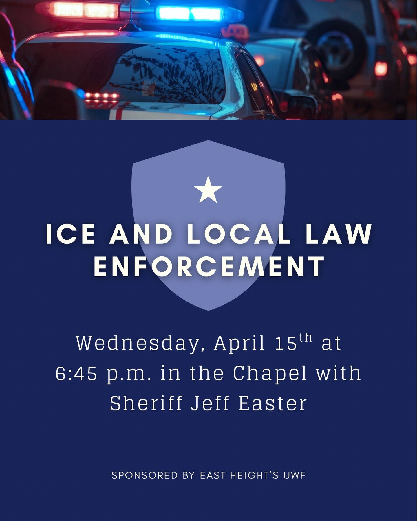 Sheriff Easter will speak on &ldquo;ICE &amp; Local Law Enforcement&rdquo; on Wed., April 15th at 6:45 p.m. in the Chapel. We are inviting the public to learn about how law enforcement works with ICE in Sedgwick County. This is part of our social jus