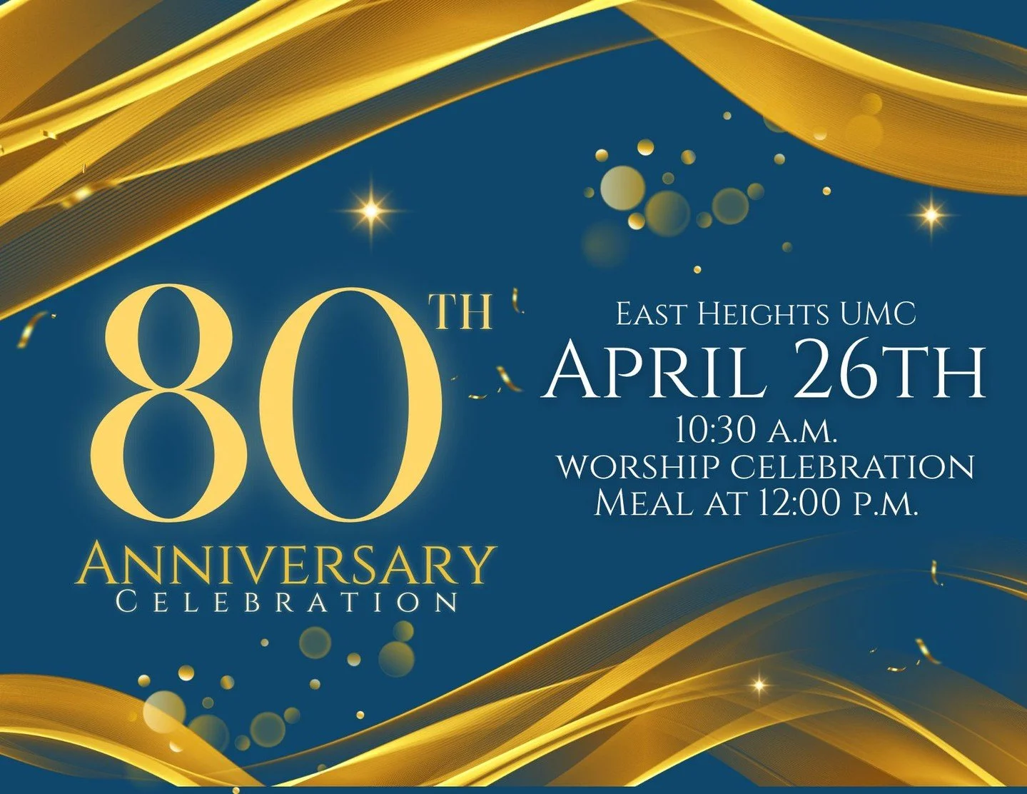 Join us as we celebrate our 80th Anniversary Celebration on April 26th.
The morning will begin with a special combined Worship Celebration at 10:30 A.M., followed by a luncheon at 12 P.M. as we gather to share memories, reconnect with friends, &amp; 