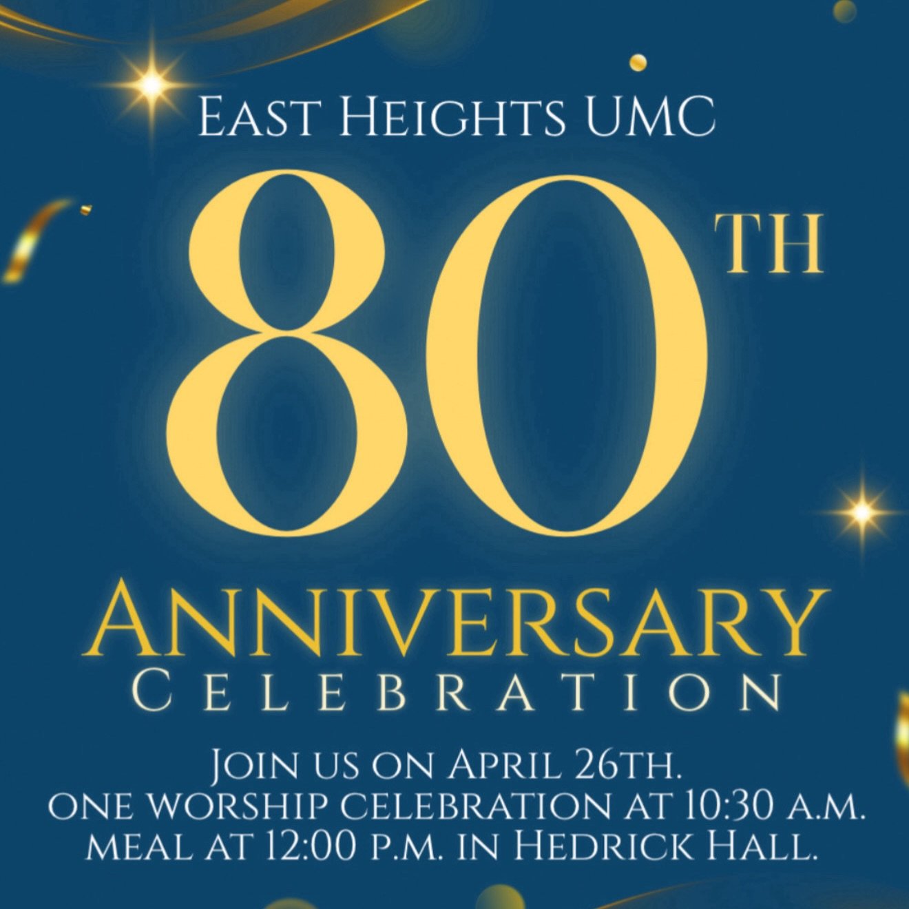Join us as we celebrate our 80th Anniversary THIS SUNDAY!

The morning will begin with a special combined Worship Celebration at 10:30 A.M., followed by a luncheon at 12 P.M. as we gather to share memories, reconnect with friends, &amp; celebrate all