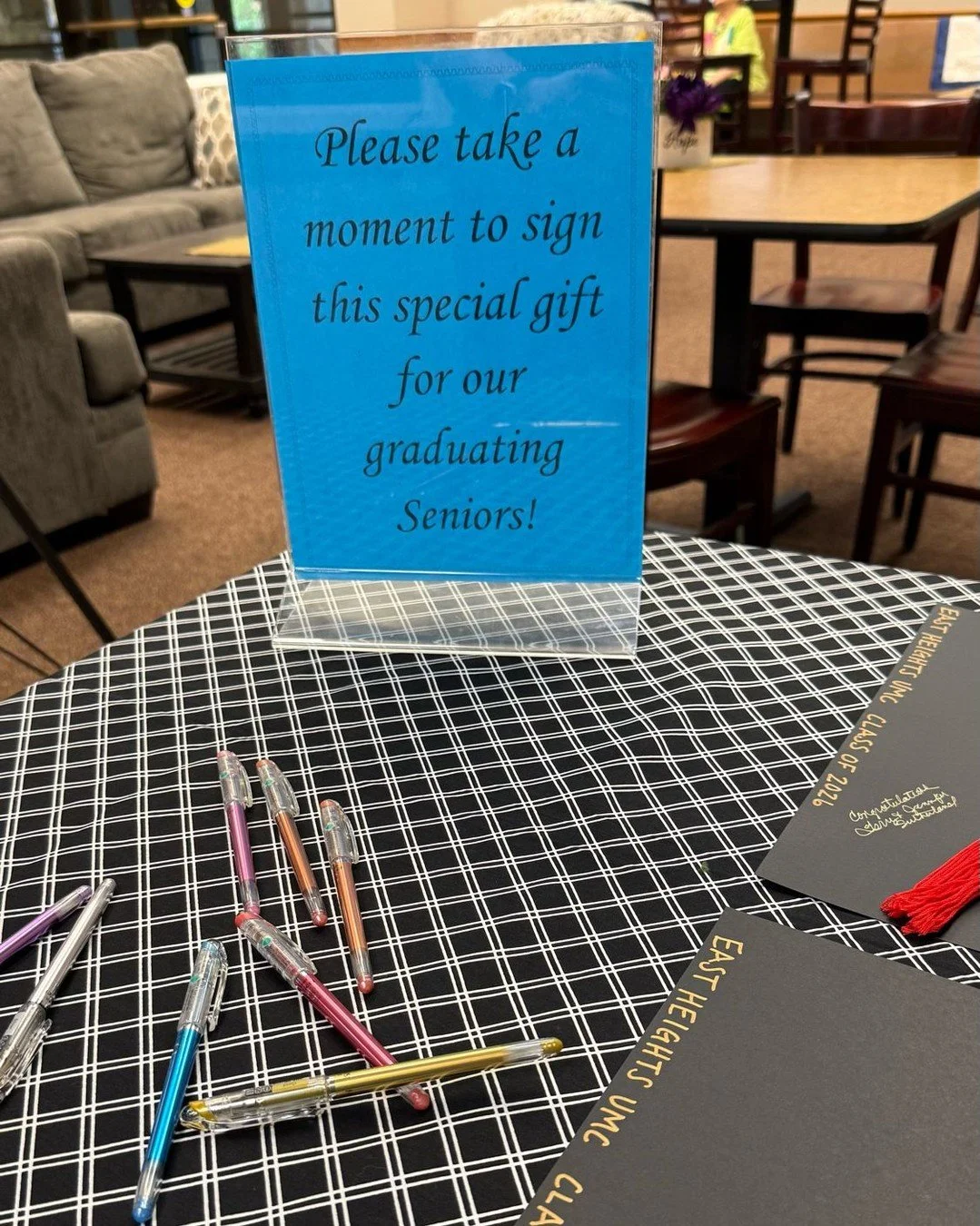 Senior Recognition Sunday is Sunday, May 3rd: We invite you to stop by the display in the Coffee House to sign their mortar boards and leave your special message with the Senior Class of 2026.  #ehumcyouth2026