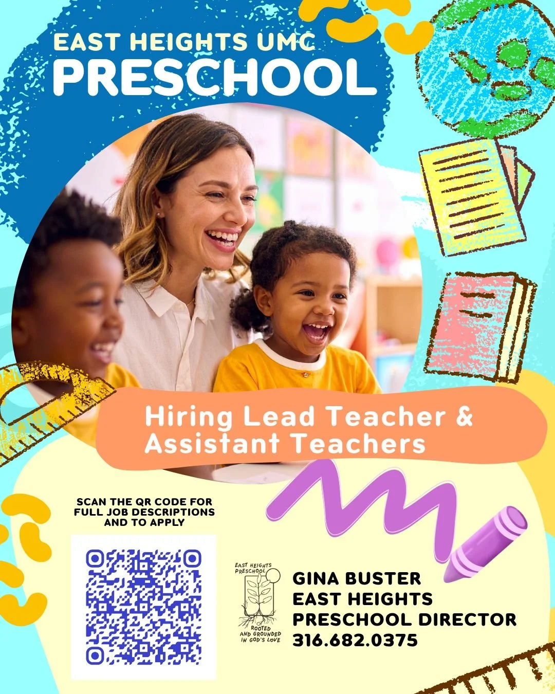 Join the East Heights UMC Preschool family!

We&rsquo;re looking for a caring, energetic Lead Teacher and Assistant Teachers who are passionate about helping little learners grow.

Scan the QR code for full job descriptions or contact Gina Buster at 