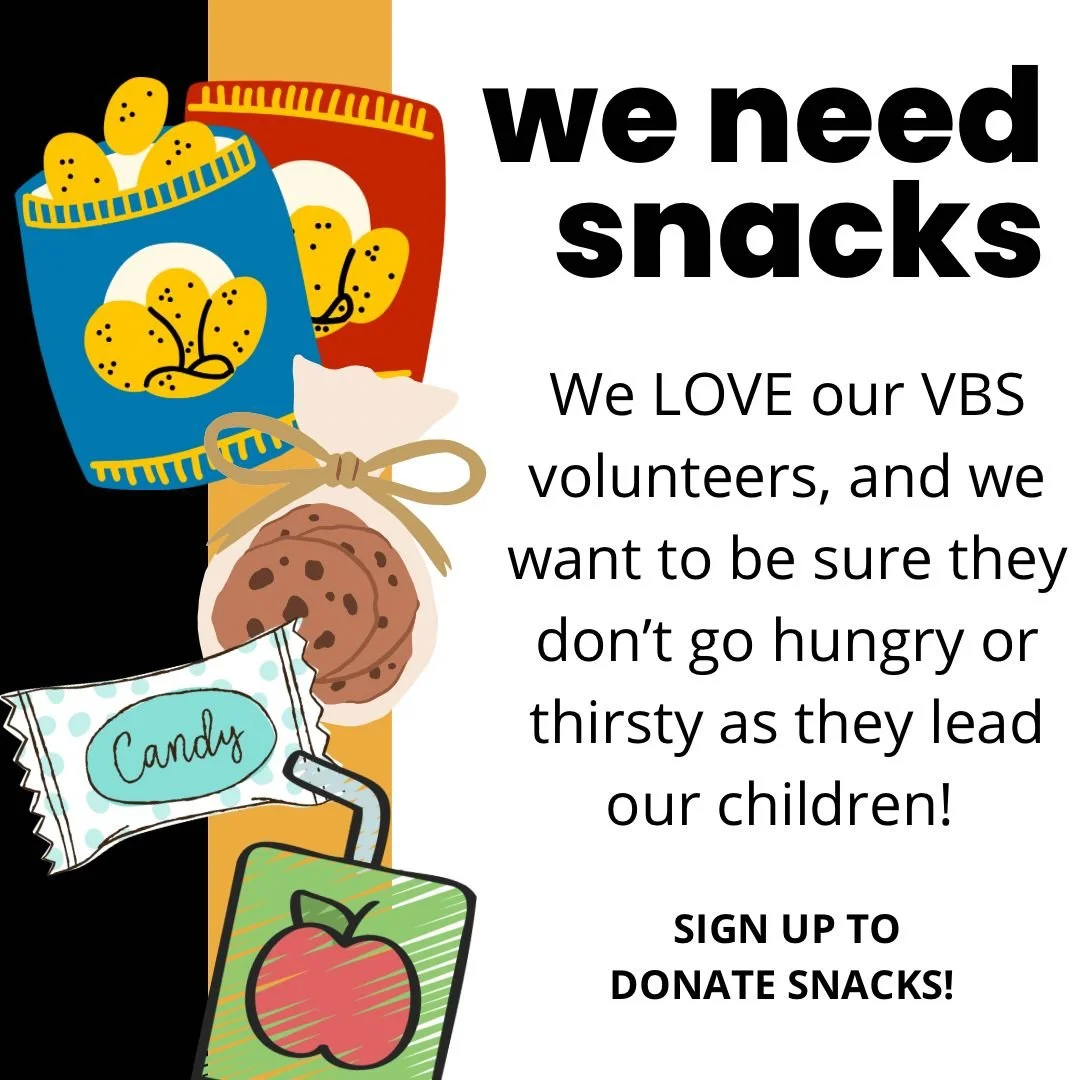 Vacation Bible School takes so many amazing volunteers!  If you would like to support our crew, please bring your snacks to Hedrick Hall kitchen starting Sunday the 19th or by 9 am the day you select. You can sign up here: https://www.signupgenius.co
